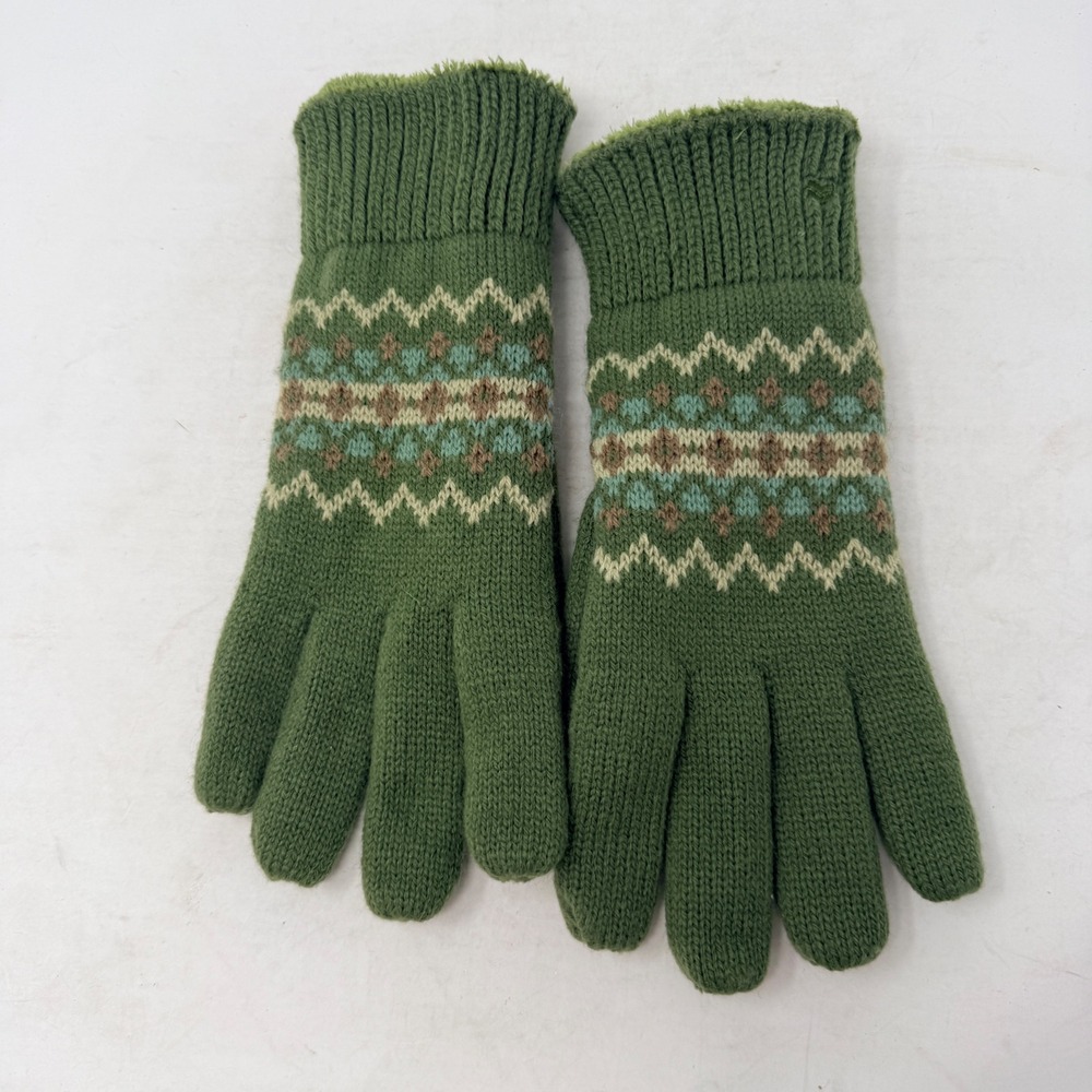 Fair Isle Knit Gloves Forest Green Faux Fur Lined Suede Palm Grip One Size